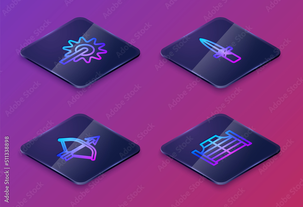 Set Isometric line Spur, Bow and arrow in quiver, Dagger and Saloon door. Blue square button. Vector Set Isometric line Spur, Bow and arrow in quiver, Dagger and Saloon door. Blue square button. Vector