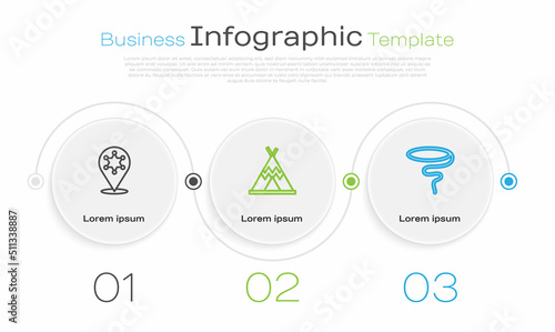 Set line Hexagram sheriff, Indian teepee or wigwam and Lasso. Business infographic template. Vector