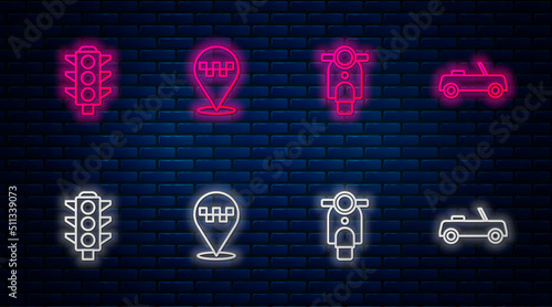 Set line Location with taxi, Scooter, Traffic light and Car. Glowing neon icon on brick wall. Vector