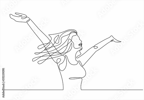 Continuous line art or One Line Drawing of a woman stretching arms is relaxing picture vector illustration
