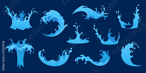 Vector water splashes set. Water waves in cartoon style isolated on dark blue background. Decorative elements for your design.