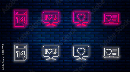 Set line Speech bubble with I love you, Like and heart, Calendar February 14 and Dating app online. Glowing neon icon on brick wall. Vector