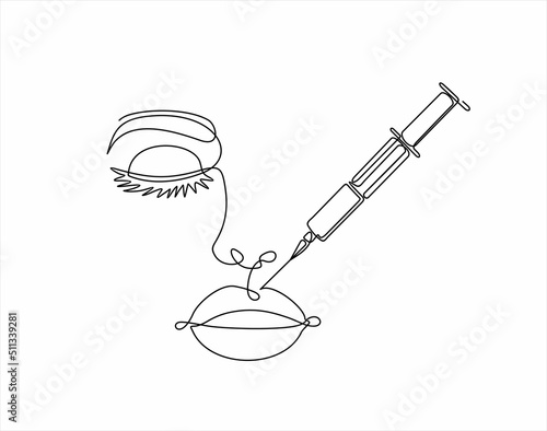 Continuous line beauty surgery concept. One line female portrait. One line syringe, lip filters