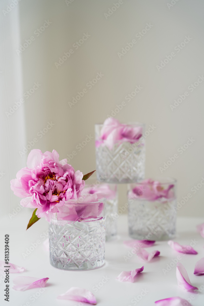 faceted glasses with gin tonic and peony petals on blurred grey background. faceted glasses with gin tonic and peony petals on blurred grey background.
