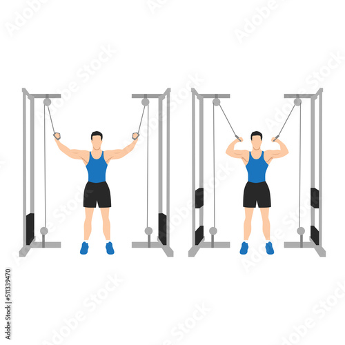 Man doing Standing high pulley cable curl. flat vector illustration isolated on different layers. Workout character