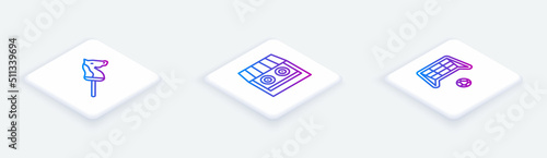 Set Isometric line Toy horse, Shooting gallery and Soccer goal with ball. White square button. Vector