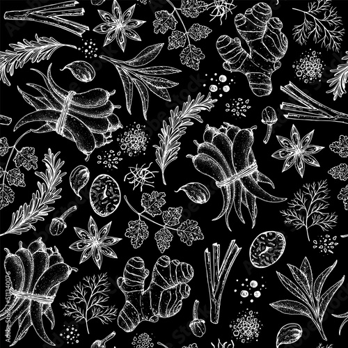 Herbs and spices seamless pattern. Hand drawn vector illustration. Sketch design. Engraved spice. Lemongrass, anise, chilli pepper, sage, garlic, ginger