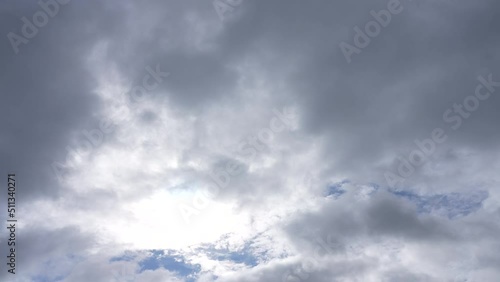 4k stock video time lapse of grey rainy clouds cover sun light isolated on blue sky background. Natural abstract video backgroundof dramatic rainy cloudscape photo