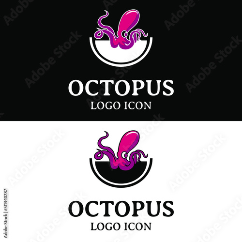 Dumbo octopus in a bowl silhouette for retro vintage cartoon seafood restaurant logo design 