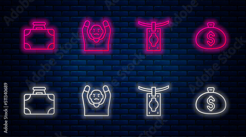 Set line Thief surrendering hands up, Money laundering, Briefcase money and bag. Glowing neon icon on brick wall. Vector