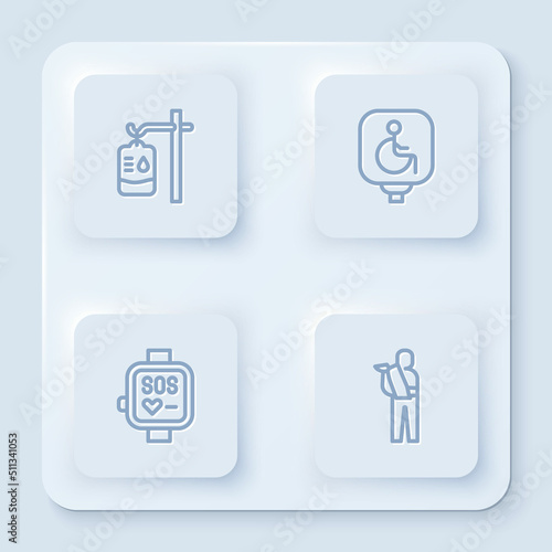 Set line IV bag, Disabled wheelchair, Smart watch and Human broken arm. White square button. Vector