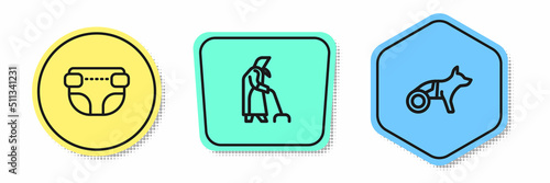Set line Adult diaper, Grandmother and Dog in wheelchair. Colored shapes. Vector