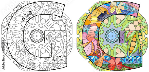 Letter G monogram on mandala, engraving design. Vector illustration for coloring. Color and outline set