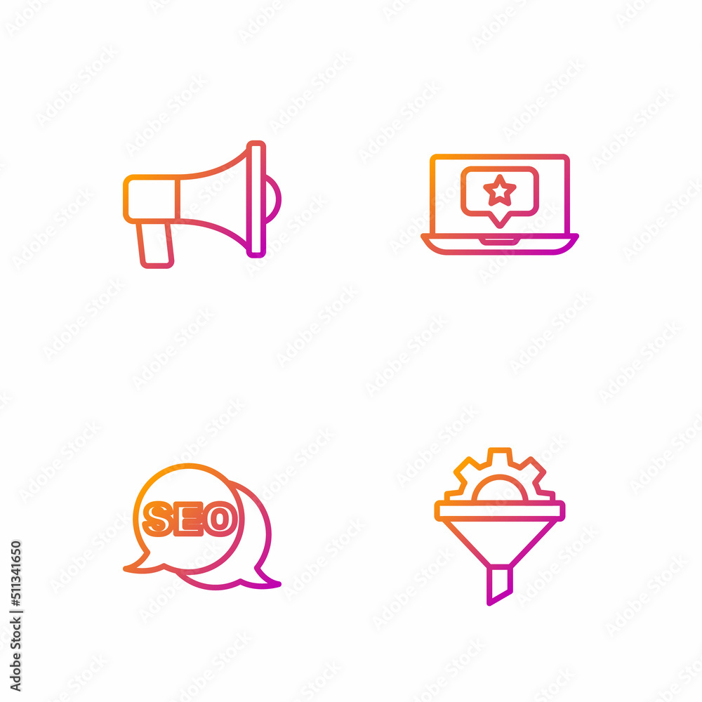 Set line Sales funnel with gear, SEO optimization, Megaphone and Laptop star. Gradient color icons. Vector Set line Sales funnel with gear, SEO optimization, Megaphone and Laptop star. Gradient color icons. Vector