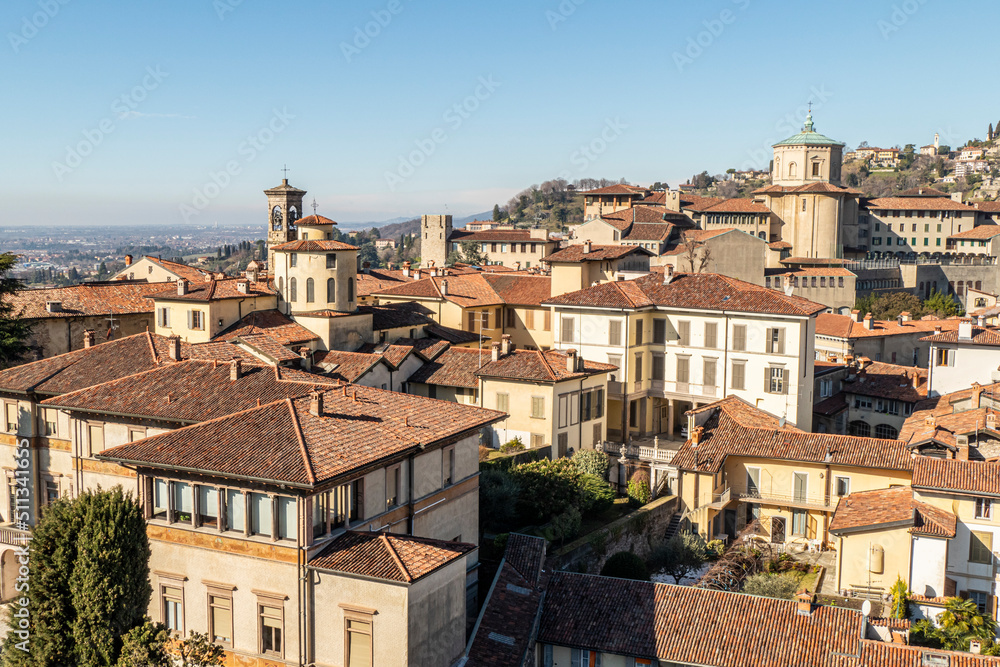 Aerial view of the skyline of Bergamo Alta