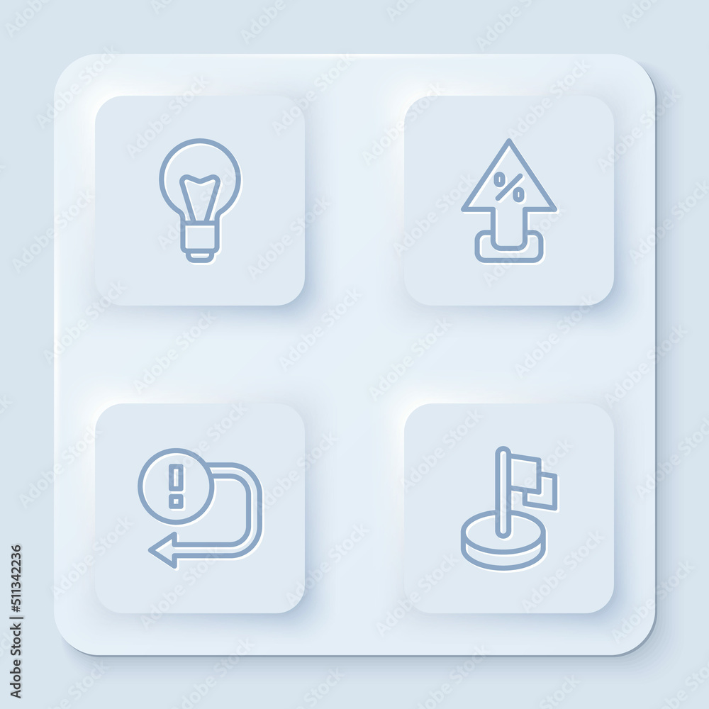 Set line Light bulb, Percent up arrow, Arrow and Flag. White square button. Vector Set line Light bulb, Percent up arrow, Arrow and Flag. White square button. Vector