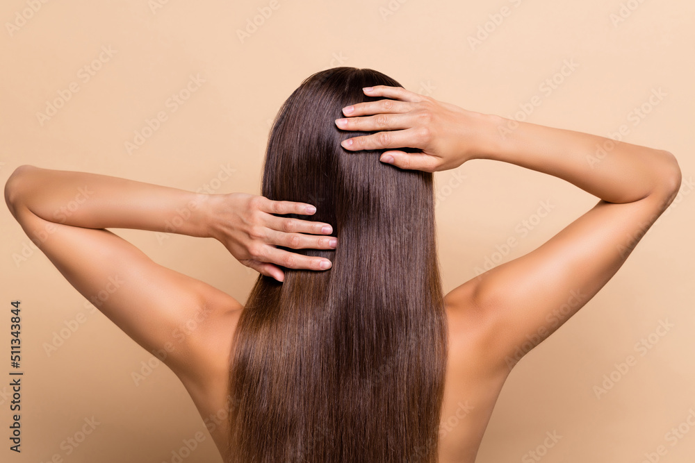 Rear back behind view portrait of attractive girl touching flawless curls isolated over beige pastel color background Rear back behind view portrait of attractive girl touching flawless curls isolated over beige pastel color background