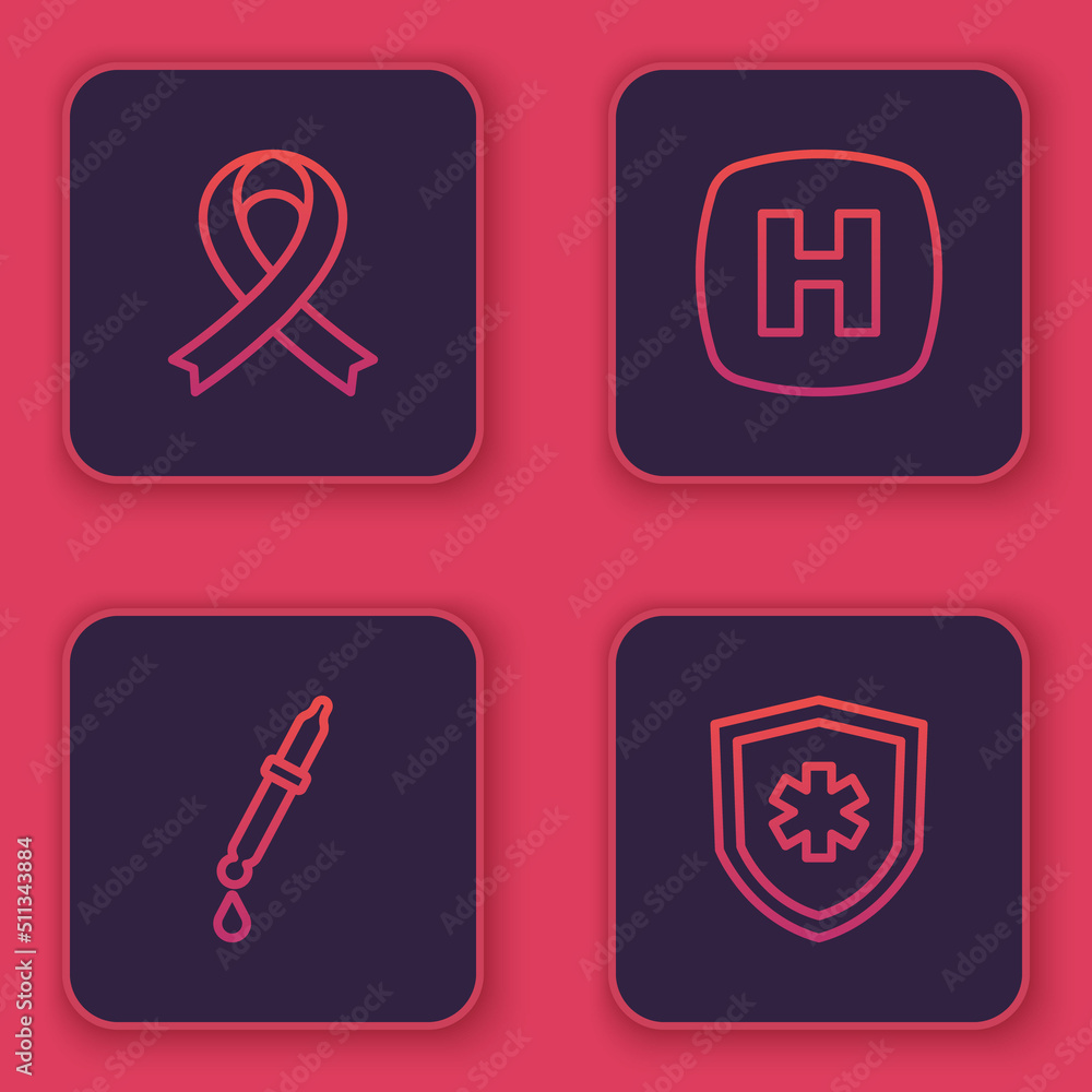 Set line Awareness ribbon, Pipette, Hospital signboard and Life insurance. Blue square button. Vector Set line Awareness ribbon, Pipette, Hospital signboard and Life insurance. Blue square button. Vector