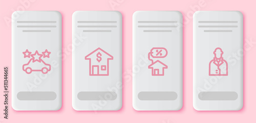 Set line Car sharing, House with dollar, percant and Realtor. White rectangle button. Vector