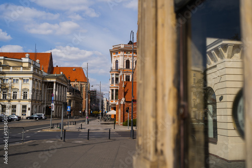Buildings and crosswalk on urban street in Wroclaw