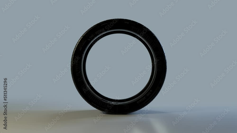 Side on view of a 3D tyre rolling across the screen. Standard black, rubber tyre in a continuous spin. Footage with a luma matte for isolating the object. Side on view of a 3D tyre rolling across the screen. Standard black, rubber tyre in a continuous spin. Footage with a luma matte for isolating the object.
