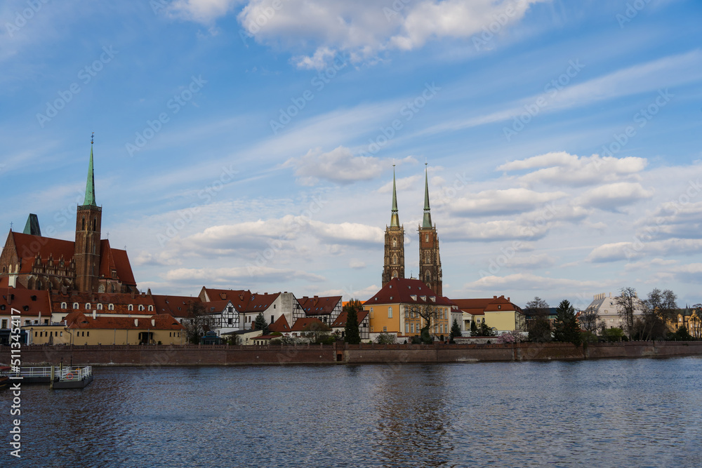View of Cathedral of St John Baptist and river in Wroclaw