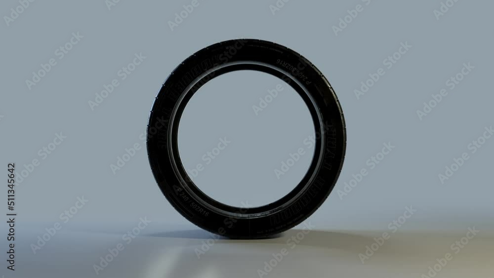 Side on view of a 3D tyre rolling across the screen. Standard black, rubber tyre in a continuous spin. Footage with a luma matte for isolating the object. Side on view of a 3D tyre rolling across the screen. Standard black, rubber tyre in a continuous spin. Footage with a luma matte for isolating the object.
