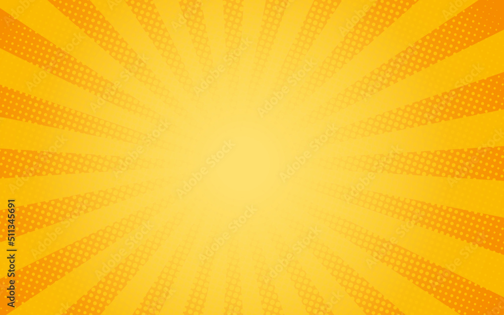 Sun rays Retro vintage style on yellow and orange background, Comic pattern with starburst and halftone. Cartoon retro sunburst effect with dots. Rays. Summer Banner Vector illustration - obrazy, fototapety, plakaty 