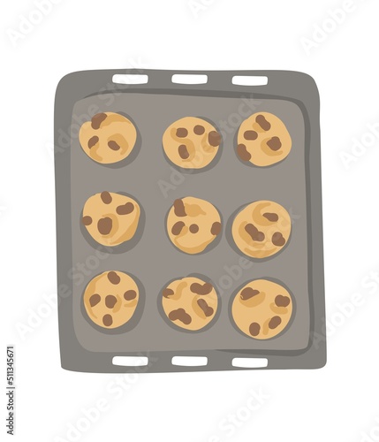 Illustration fresh biscuits with chocolate on a baking sheet. Homemade baking.