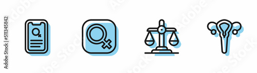 Set line Gender equality, Dating app, Female gender and reproductive system icon. Vector