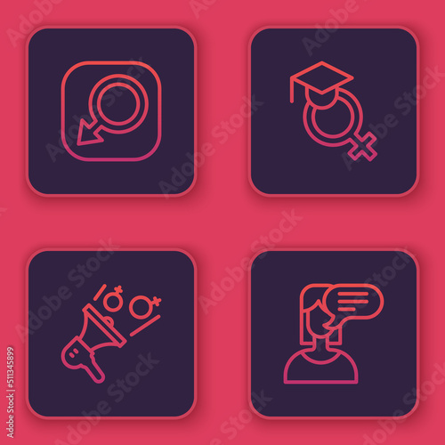 Set line Male gender, Feminist activist, Teacher and Female opinion. Blue square button. Vector