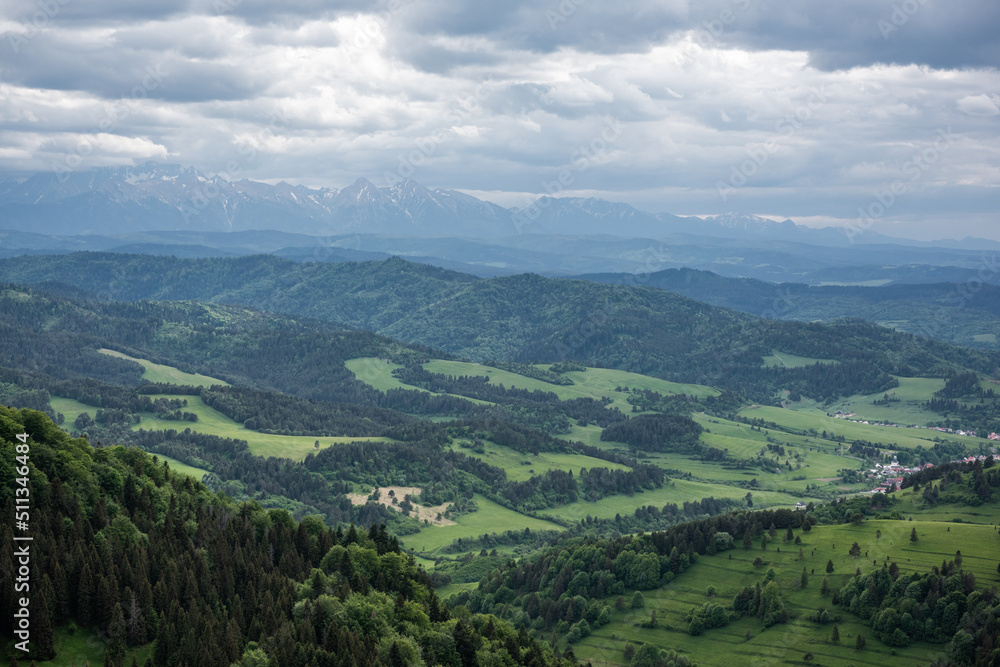 Panoramic view on Pieniny Mountains range and High Tatras from Palenica in Szczawnica, Poland