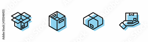 Set line Carton cardboard box, Unboxing, and Delivery hand with icon. Vector