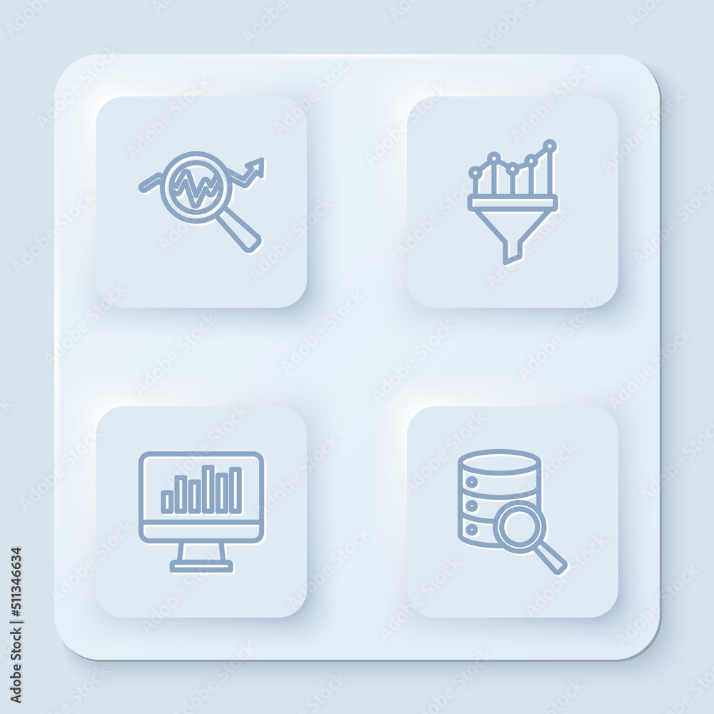 Set line Search data analysis, Sales funnel with chart, Monitor graph and Server. White square button. Vector Set line Search data analysis, Sales funnel with chart, Monitor graph and Server. White square button. Vector