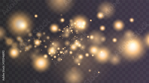 Christmas falling golden lights. Magic abstract gold dust and glare. Festive Christmas background. Light dust png. 
