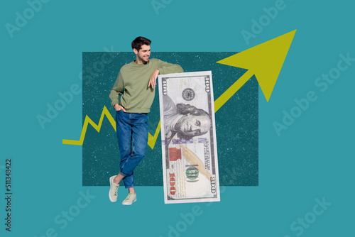 Full body collage photo of wealthy man watch currency grow up happy to become richer isolated over green background photo