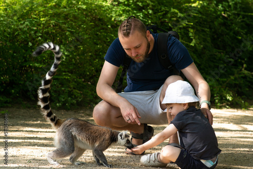 Little boy spending time with his father in the zoo. Cute child touching and giving food to lemur animal.