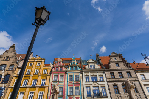Low angle view of lantern and buildings on Market Square in Wroclaw