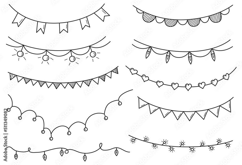 Doodle set of garlands. Hand drawn garlands with flags and light bulbs