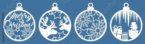 Christmas tree decorations set. Silhouette of Christmas round toys. Balls with snowflakes, deer, stars, icicles and a snowman. Template for laser cutting. Isolated vector illustration.