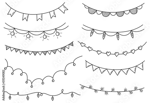 Doodle set of garlands. Hand drawn garlands with flags and light bulbs. Vector illustration..