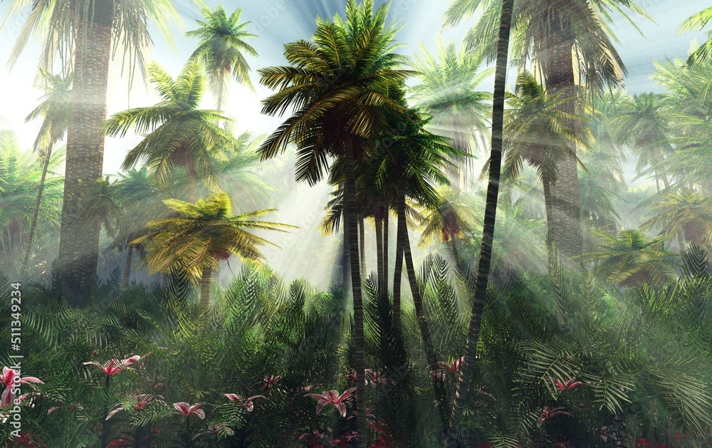 Fototapeta premium Jungle, beautiful rainforest in the fog, palm trees in the haze, jungle in the morning in the fog, 3D rendering