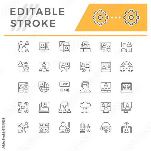 Set line icons of online meeting