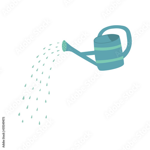 Blue watering can. Colorful vector isolated illustration hand drawn. Plant and garden care equipment. Village life