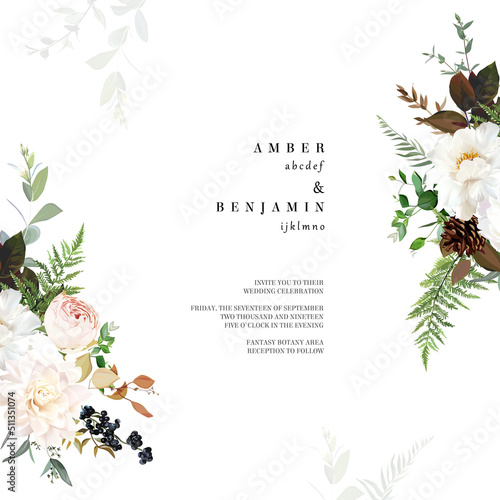 Blush pink rose, white peony, pine cone, beige dahlia flower vector design frame card