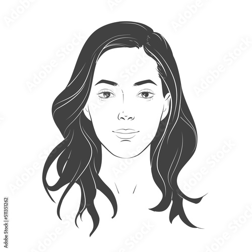 Woman face. Young beautiful girl with curly long wavy hair curls. Volume, haircut, hairdressing, hairstyle. Care and beauty. Vector Black and white line sketch illustration portrait.