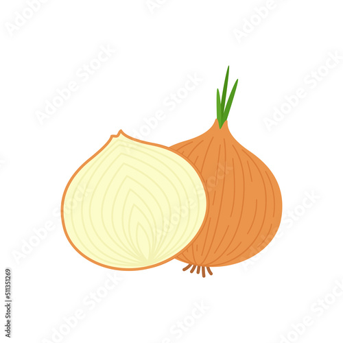Cartoon brown or yellow onions set. Whole unpeeled, half, onion rings and slices.