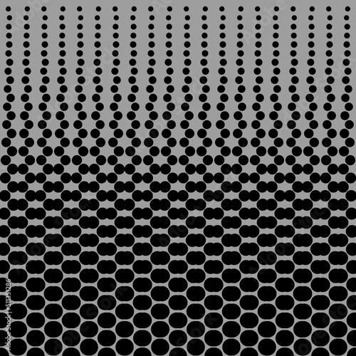 Abstract seamless geometric circle pattern. Mosaic background of black circles. Evenly spaced shapes of different sizes. Vector illustration on gray background