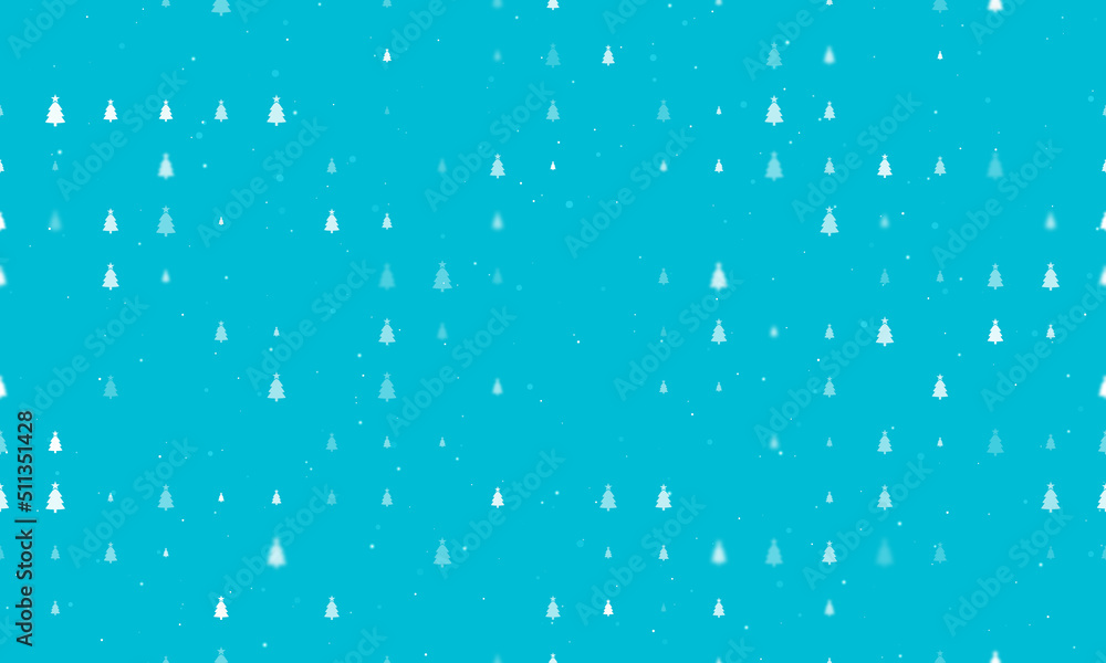 Seamless background pattern of evenly spaced white Christmas trees of different sizes and opacity. Vector illustration on cyan background with stars