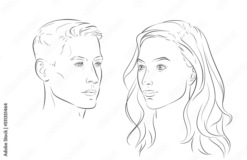 Man and woman faces. Heads face. Portrait of young beautiful girl, boy. Vector line sketch illustration. Man and woman faces. Heads face. Portrait of young beautiful girl, boy. Vector line sketch illustration.